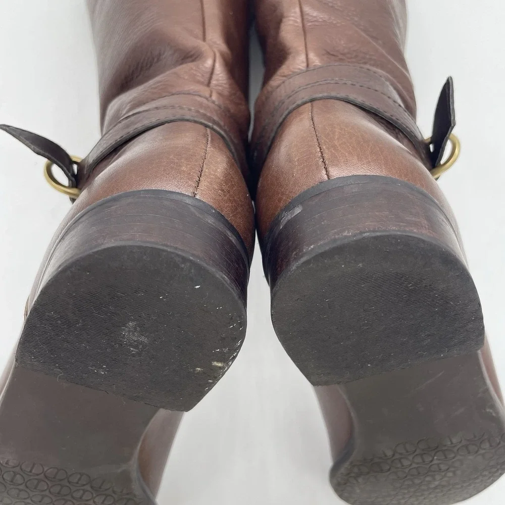 Talbots Womens 7AA Riding Boots Tall Brown Pebbled Leather Gold Buckle‎ Full Zip - Picture 16 of 16